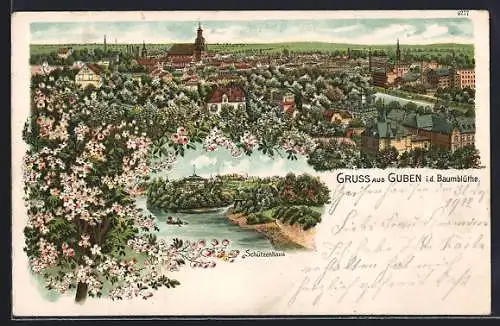 Künstler-AK Guben, Gasthaus Schützenhaus und Boot, Teilansicht in der Baumblüte