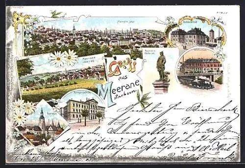 Lithographie Meerane, Webschule mit Dampflok, Schlachthof, Bürgerschule