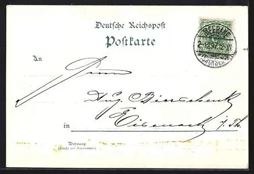 Lithographie Meerane, Webschule mit Dampflok, Schlachthof, Bürgerschule