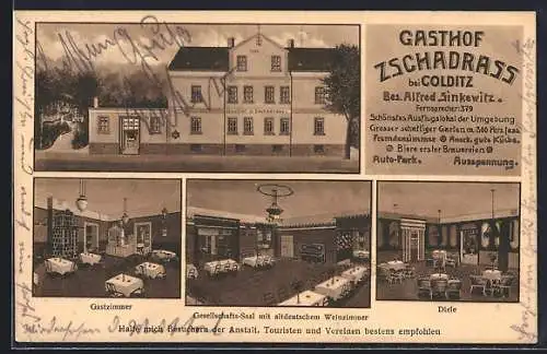 Künstler-AK Colditz, Gasthof Zschadrass, Innenansichten Gastzimmer und Gesellschafts-Saal mit altdeutschem Weinzimmer