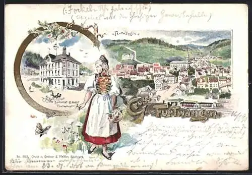 Künstler-AK Furtwangen, Bahnhof-Hotel und Totalansicht, Dame in Tracht