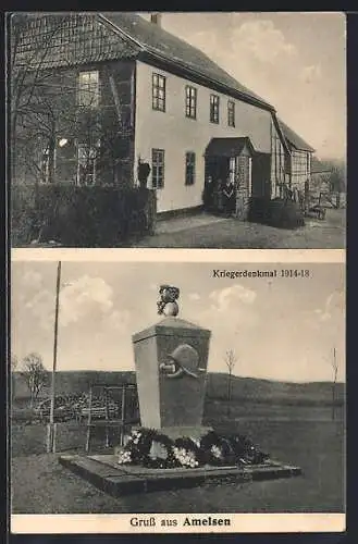 AK Amelsen, Kriegerdenkmal 1914-18, Kolonialwaren-Handlung Wilhelm Lampe