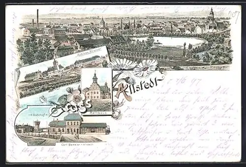 Lithographie Allstedt, Bahnhof, Schloss Allstedt, Gesamtansicht