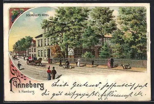Lithographie Pinneberg, Schmüsers Hotel und Flaneure