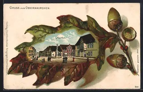 Passepartout-Lithographie Obernkirchen, Markt mit Passante, Eichenblatt