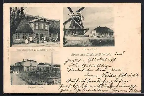 AK Lindaumühlenholz, Windmühle, Gasthaus & Bäckerei v. Hass, Meierei