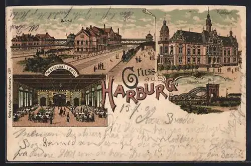Lithographie Hamburg-Harburg, Bahnhof-Restaurant und Bahnhof, Rathaus, Elbbrücke
