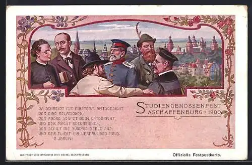 AK Aschaffenburg, Studiengenossenfest 1900, Pfarrer, Soldat, Richter, Lehrer, Kritiker - ehemalige Studenten