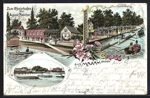 Lithographie Maxau /Baden, Gasthaus zum Rheinhafen August Melcher mit Herrenbad und Bootspartie