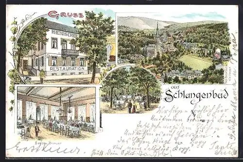Lithographie Schlangenbad, Gasthaus Rheinischer Hof mit Garten und Innenansicht
