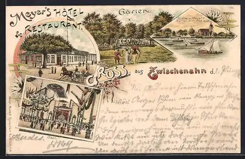 Lithographie Bad Zwischenahn, Meyer`s Hotel, Garten, Saal, Kirche und Meyer`s vom See aus, Seegelboot