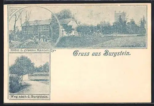 Lithographie Burgstein, Ortsansicht, Hotel zum grauen Männel