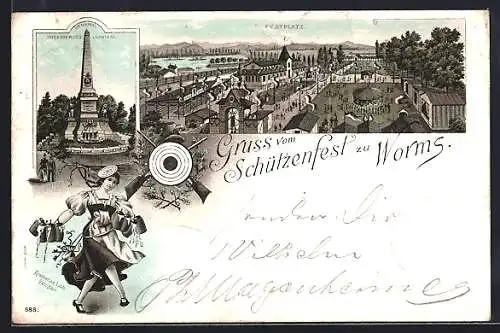 Vorläufer-Lithographie Worms, 1895, Schützenfest, Festplatz und Denkmal Grossherzog Ludwig IV.