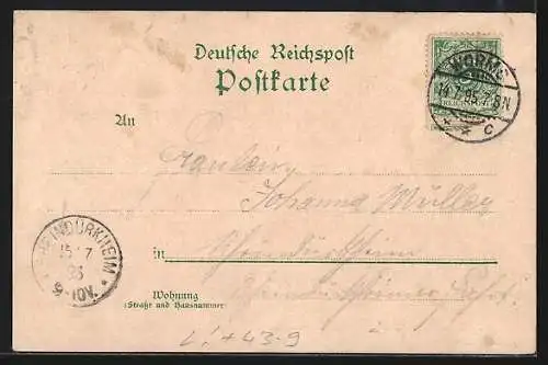 Vorläufer-Lithographie Worms, 1895, Schützenfest, Festplatz und Denkmal Grossherzog Ludwig IV.