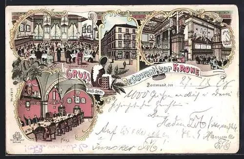 Lithographie Dortmund, Restaurant zur Krone, Innenansicht Weisser Saal, Fass