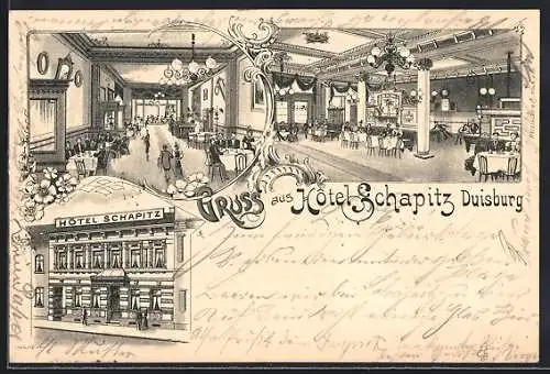 Lithographie Duisburg, Hotel Schapitz, Aussenansicht, Innenansichten mit Gästen