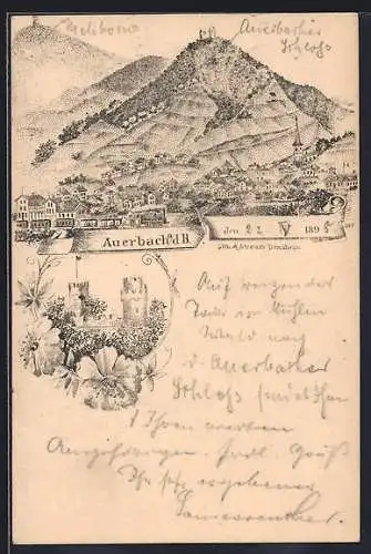 Lithographie Auerbach /Bergstrasse, Ortsansicht aus der Vogelschau, Blick auf die Burg