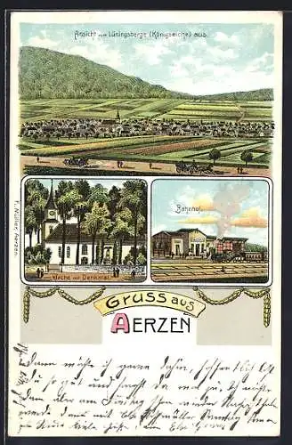 Lithographie Aerzen, Bahnhof, Kirche mit Denkmal, Blick vom Lüningsberge aus