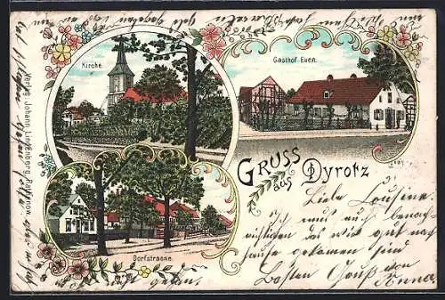 Lithographie Dyrotz, Gasthof Euen, Dorfstrasse und Kirche