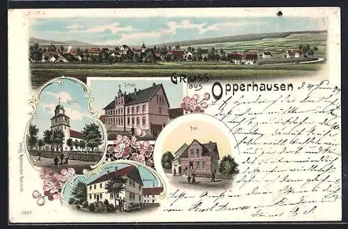 Lithographie Opperhausen /Kreiensen, Post, Schule, Kirche, Pfarre und Molkerei