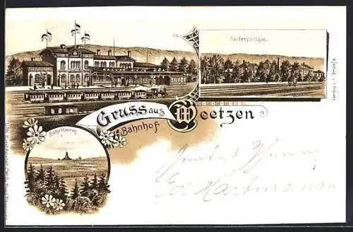 Lithographie Weetzen, Bahnhof, mit Gartenpartie und Bohrturm