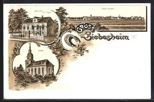 Lithographie Biebesheim, Neue Schule mit Turmplatz, Kirche und Totalansicht