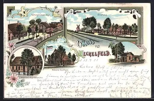Lithographie Meckelfeld, A. Evers Gasthaus, Gasthaus v. A. Scheppmann, Bahnhof und Schulhaus