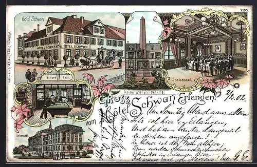 Lithographie Erlangen, Hotel Schwan, Universität und Kaiser Wilhelm-Denkmal