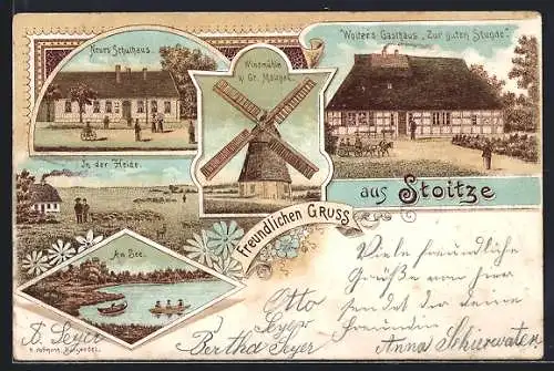 Lithographie Stoitze, Wolters Gasthaus zur guten Stunde, Neues Schulhaus, Windmühle b. Gr. Malchau, In der Heide