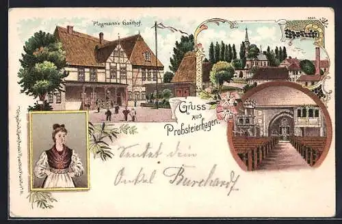 Lithographie Probsteierhagen, Plagmanns Gasthof, Innenansicht der Kirche