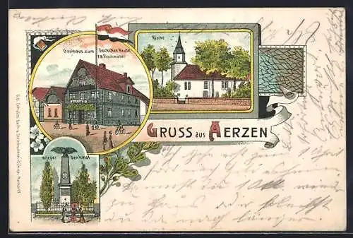 Lithographie Aerzen, Gasthaus zum Deutschen Hause, Bes. F. W. Rischmüller, Kirche und Kriegerdenkmal