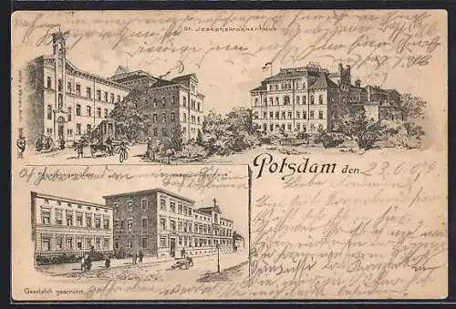 Lithographie Potsdam, Pensionsgebäude und St. Josephs-Waisenhaus, St. Josephskrankenhaus
