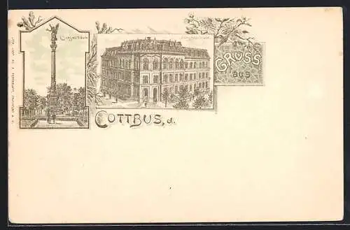 Lithographie Cottbus, Bürgerschule und Siegessäule im Blüten-Passepartout