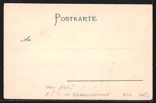 Lithographie Cottbus, Bürgerschule und Siegessäule im Blüten-Passepartout