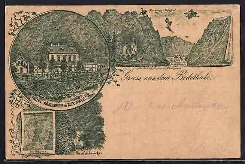 Vorläufer-Lithographie Königsruhe im Bodethale, 1893, Blick auf das Hotel, Rosstrappe, Schurre und Teufelsbrücke