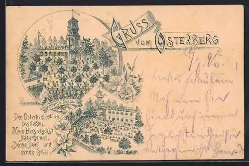 Vorläufer-Lithographie Cossebaude, 1895, Gasthaus und Aussichtsturm auf dem Osterberg