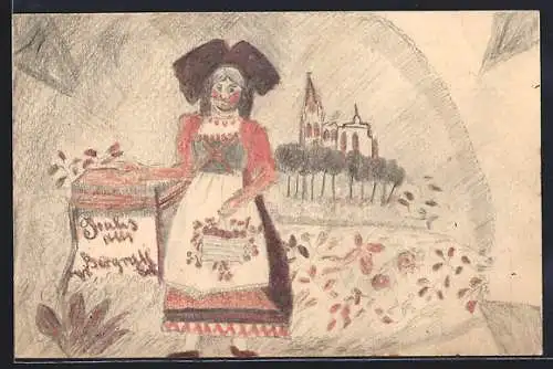 Künstler-AK Handgemalt: Bergrath /Eschweiler, Frau in Tracht vor der Kirche