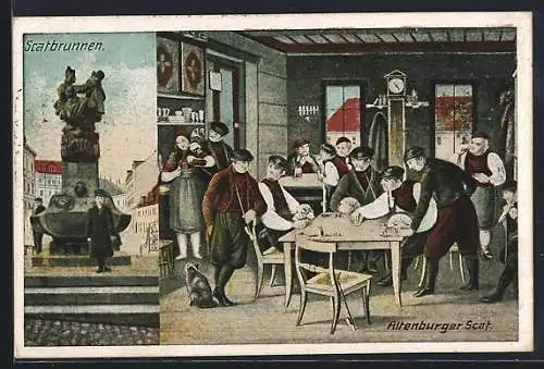 AK Altenburg / S.-A., Männer spielen Kartenspiel Scat, Scatbrunnen