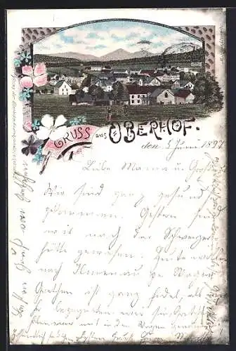 Lithographie Oberhof / Thüringen, Gesamtansicht mit Feldarbeiterinnen u. Bergpanorama, Blumen