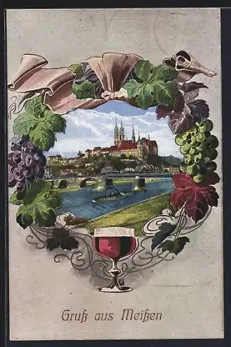AK Meissen / Elbe, Teilansicht mit Brücke im Weinkranz, Weinglas, Albrechtsburg