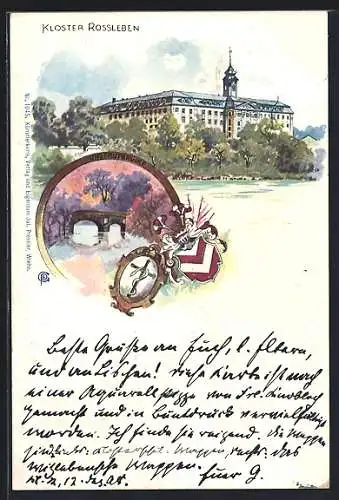 Künstler-AK Rossleben, Kloster Gebäudeansicht vom Wasser aus, Brücke, Wappen