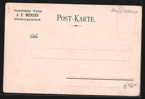 Lithographie Neckargemünd, Weingrosshandlung Menzer, Szenen mit Graf Boppo I. v. Dilsberg u. Graf Trautmannsdorf