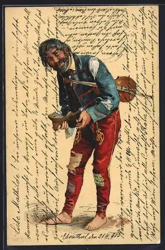 Lithographie Bettler, junger Mann mit Geiger erbittet eine Spende