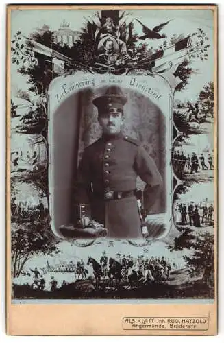 Fotografie Alb. Klatt, Angermünde, Soldat in Uniform Rgt. 64 mit Bajonett, Passepartout mit Kaiser Wilhelm II., Soldaten