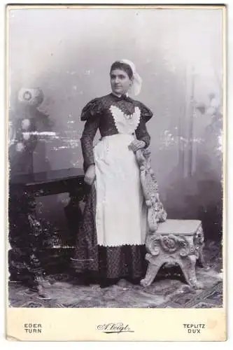 Fotografie A. Voigt, Teplitz, Dienstmädchen Hilda Bierling im Dienstmädchen Uniform, 1899