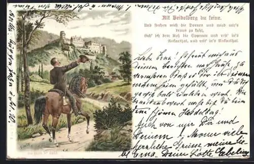 Lithographie Reim Alt-Heidelberg du feine, Student zu Pferde, Um 1900
