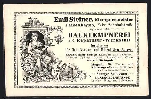 AK Falkenhagen / Oder, Klempnermeister Emil Steiner, Bauklempnerei, Installation, Gas-Wasser, Reklame
