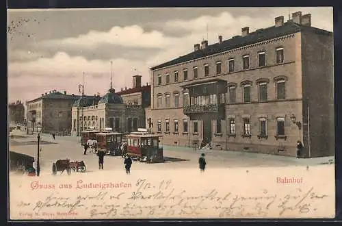AK Ludwigshafen / Rhein, Bahnhof mit Pferdebahnen