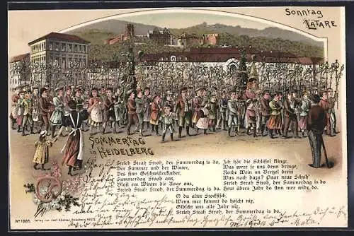 Lithographie Heidelberg / Neckar, Festliche Parade zum Sommertag mit Lied
