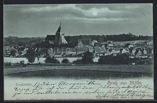 Mondschein-AK Mölln / Lauenb., Totalansicht der Ortschaft